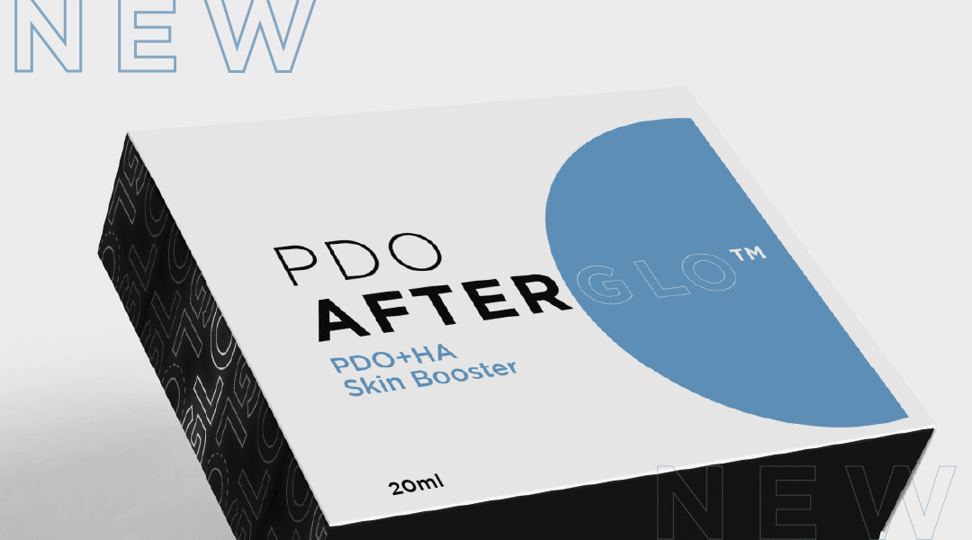 PDO Max Packaging: A White Box With Black Sides & Top Reading PDO AfterGlo PDO + HA Skin Booster