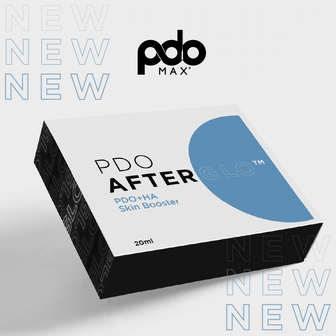 PDO Max packaging: a white box with black sides & top reading PDO AfterGlo PDO + HA Skin Booster