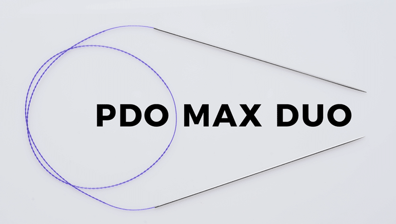 Two needles are connected by a looping, blue, barbed thread with bold words reading: PDO Max Duo